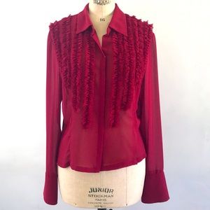 Sheer Burgundy Ruffle Front Top